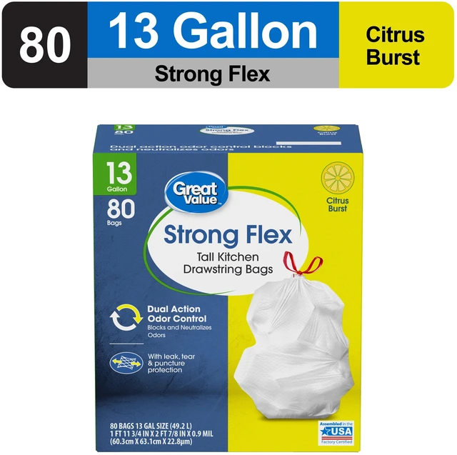 Alt view image 3 of 6 - Great Value Strong Flex 13-Gallon Drawstring Tall Kitchen Trash Bags, Citrus Burst, 80 Count