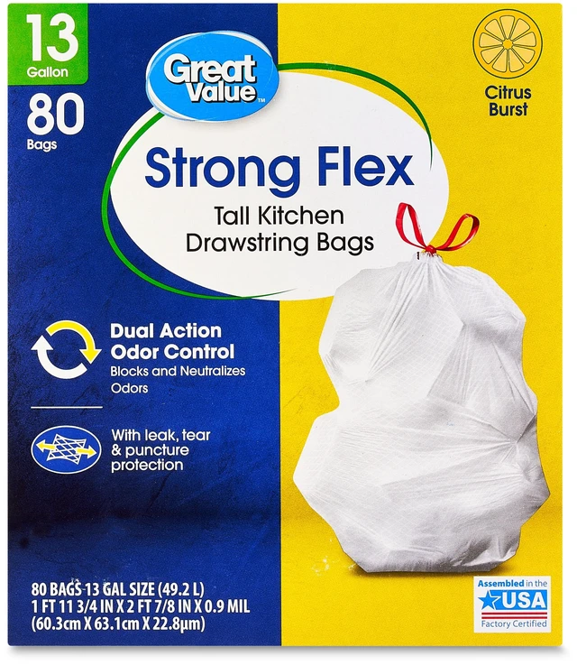 Alt view image 5 of 6 - Great Value Strong Flex 13-Gallon Drawstring Tall Kitchen Trash Bags, Citrus Burst, 80 Count