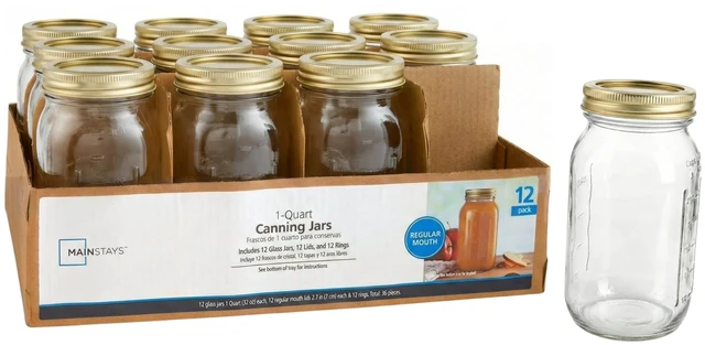 Main image of Mainstays 32 oz Regular Mouth Quart Mason Jars with Lids and Rings, 12-Pack for Home Canning and Fermenting