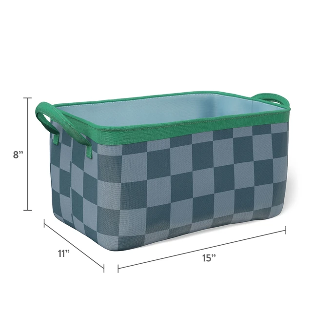 Alt view image 3 of 5 - Mainstays Kids Medium Blue Checkered Canvas Storage Basket with Handles