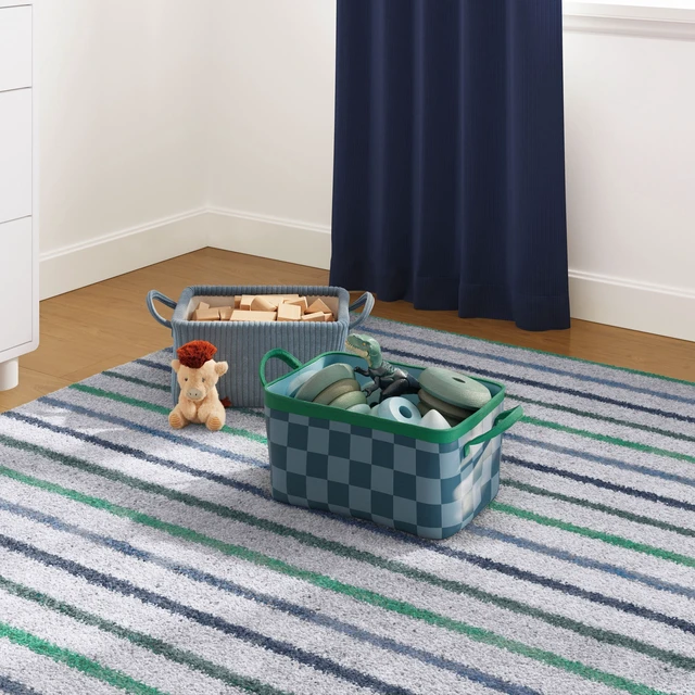 Alt view image 2 of 5 - Mainstays Kids Medium Blue Checkered Canvas Storage Basket with Handles