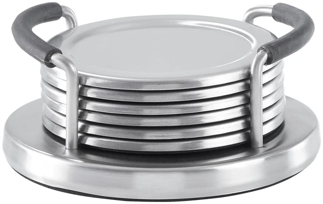 Main image of Mainstays Stainless Steel Drink Coaster Set with Holder, Brushed Metal for Coffee Table, Dining Table, Kitchen Counter