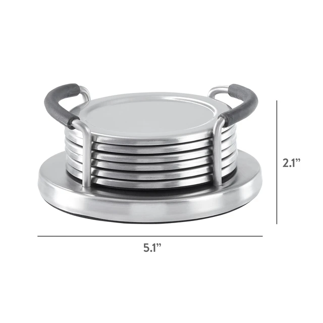 Alt view image 3 of 6 - Mainstays Stainless Steel Drink Coaster Set with Holder, Brushed Metal for Coffee Table, Dining Table, Kitchen Counter