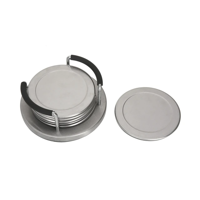 Alt view image 5 of 6 - Mainstays Stainless Steel Drink Coaster Set with Holder, Brushed Metal for Coffee Table, Dining Table, Kitchen Counter