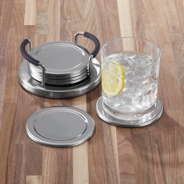 Alt view image 2 of 6 - Mainstays Stainless Steel Drink Coaster Set with Holder, Brushed Metal for Coffee Table, Dining Table, Kitchen Counter