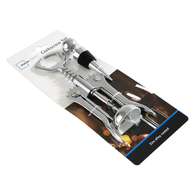 Alt view image 4 of 6 - Mainstay Stainless Steel Wing Corkscrew Bottle Opener and Wine Stopper Set