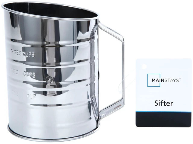 Main image of Mainstays 3 Cup Hand Crank Flour Sifter, Stainless Steel with Beechwood Handle, Silver