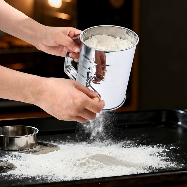 Alt view image 4 of 6 - Mainstays 3 Cup Hand Crank Flour Sifter, Stainless Steel with Beechwood Handle, Silver