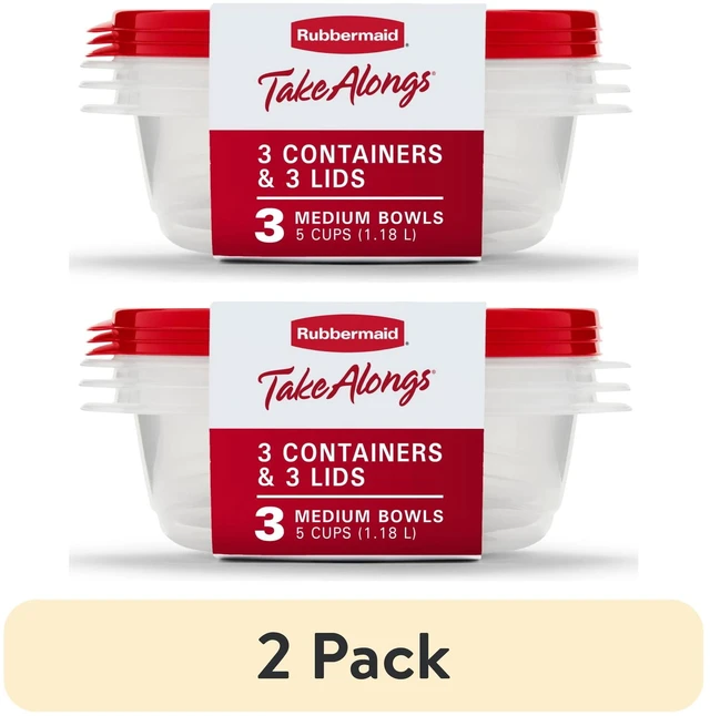 Main image of Rubbermaid TakeAlongs 5 Cup Medium Plastic Food Storage Bowls, Red, 2 Pack (Set of 3)