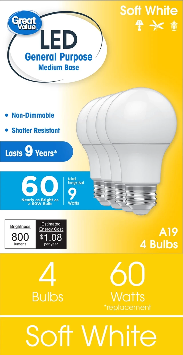 Main image of Great Value LED Light Bulbs A19 60W Equivalent Soft White General Purpose 4-Pack 9-Year