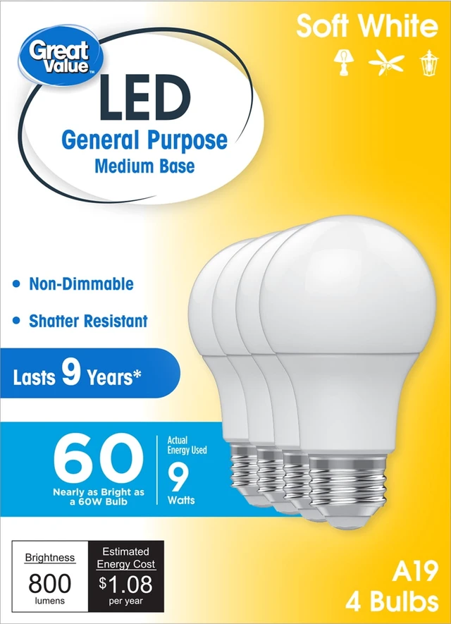 Alt view image 3 of 6 - Great Value LED Light Bulbs A19 60W Equivalent Soft White General Purpose 4-Pack 9-Year