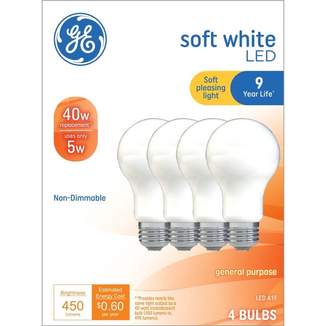 Main image of GE A19 LED Light Bulbs, 40 Watts, Soft White, Medium Base, Frosted Finish, 9-Year, 4-Pack