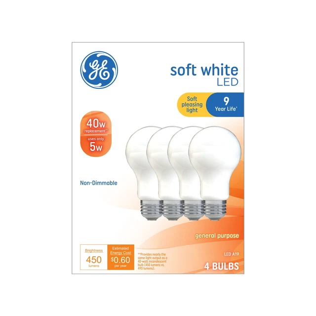 Alt view image 2 of 5 - GE A19 LED Light Bulbs, 40 Watts, Soft White, Medium Base, Frosted Finish, 9-Year, 4-Pack