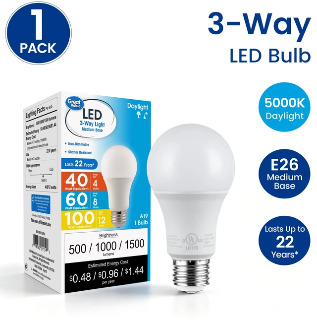 Main image of Great Value A19 3-Way LED Light Bulb, Daylight 40/60/100W Equivalent, E26 Medium Base, 1 Count