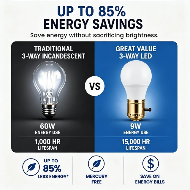 Alt view image 2 of 6 - Great Value A19 3-Way LED Light Bulb, Daylight 40/60/100W Equivalent, E26 Medium Base, 1 Count