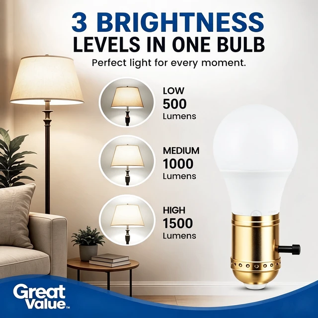 Alt view image 3 of 6 - Great Value A19 3-Way LED Light Bulb, Daylight 40/60/100W Equivalent, E26 Medium Base, 1 Count