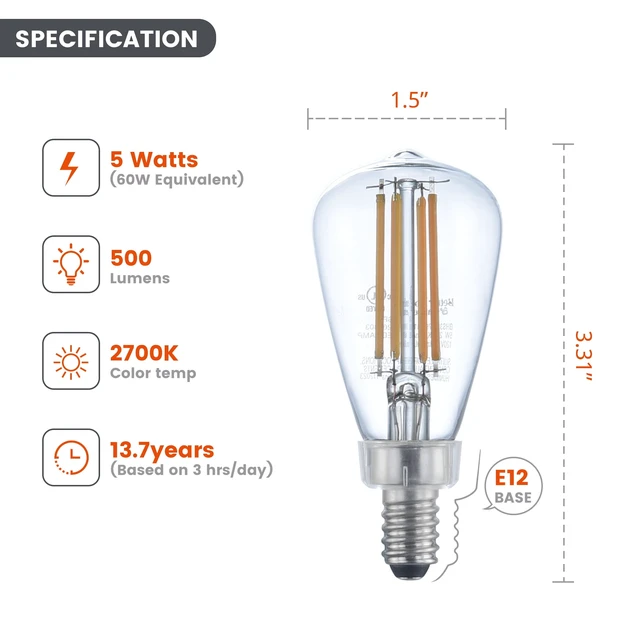 Alt view image 5 of 6 - Better Homes & Gardens ST12 LED Light Bulb, E12 Candelabra Base, Soft White, Dimmable, 5W 60W Equivalent, 2 Pack CA