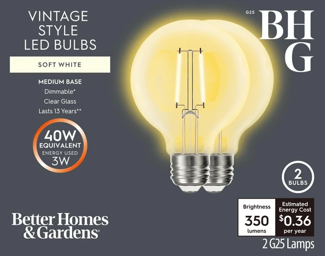 Main image of Better Homes & Gardens LED G25 3W (40W Equivalent) Vintage Style Globe Light Bulb, E26 Medium Base, Dimmable, Soft White, 2-Pack