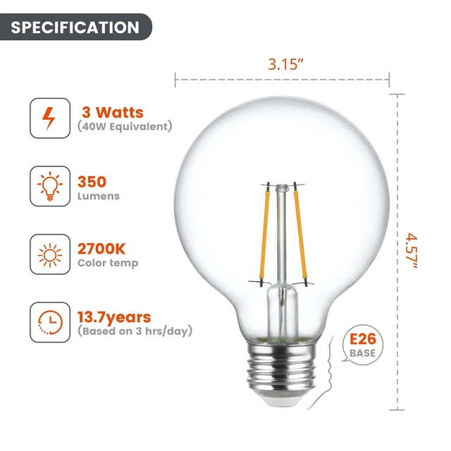 Alt view image 4 of 6 - Better Homes & Gardens LED G25 3W (40W Equivalent) Vintage Style Globe Light Bulb, E26 Medium Base, Dimmable, Soft White, 2-Pack