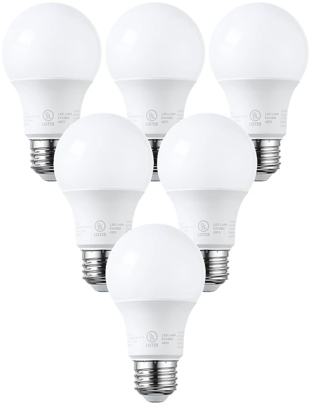 Main image of 6 Pack A19 LED Light Bulbs, 60W Equivalent, Dimmable, 3000K Warm White, E26 Standard Base, UL Listed, Flicker Free