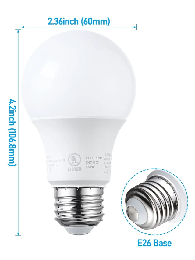 Alt view image 6 of 7 - 6 Pack A19 LED Light Bulbs, 60W Equivalent, Dimmable, 3000K Warm White, E26 Standard Base, UL Listed, Flicker Free