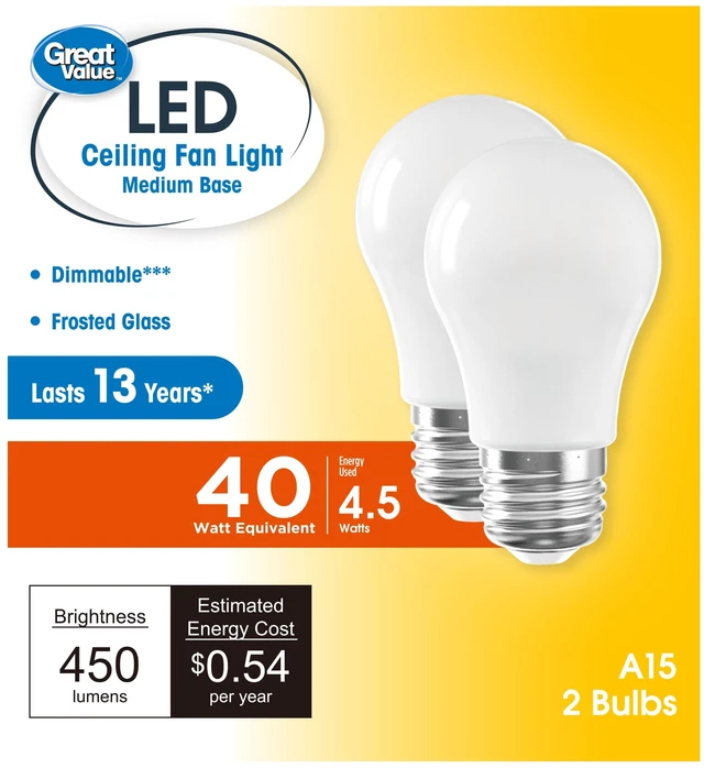 Main image of A15 4.5W (40W Equivalent) LED Ceiling Fan Light Bulb, Soft White, Dimmable, E26 Base, 2-Pack, Great Value