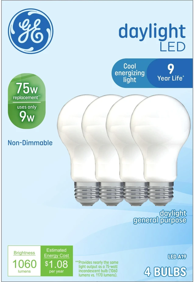 Main image of GE LED Light Bulbs A19, 75W, Daylight, Medium Base, Frosted Finish, 9-Year, 4-Pack