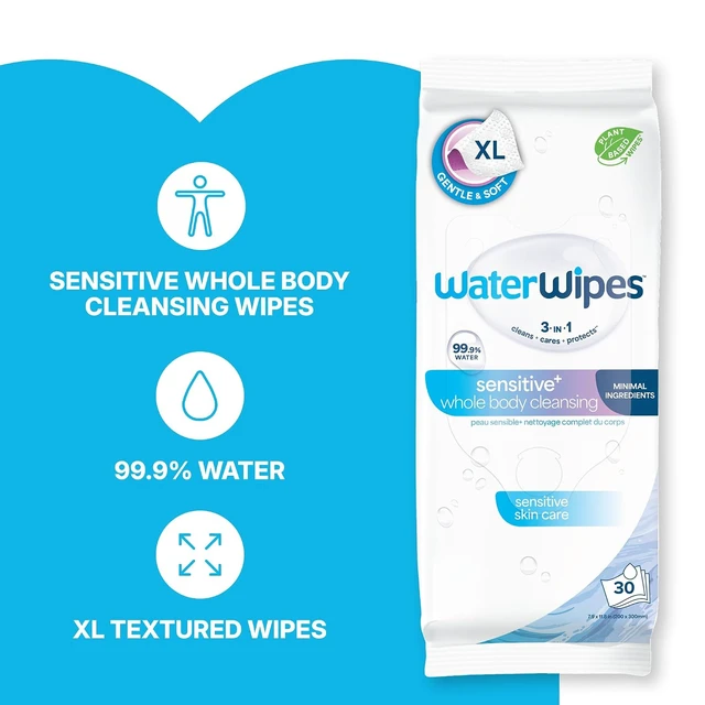 Alt view image 3 of 6 - WaterWipes Sensitive Whole Body Cleansing Wipes, XL Textured, 99.9% Purified Water, Fragrance Free, Incontinence Care, 30 Count