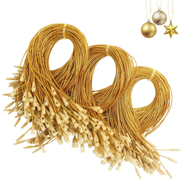 Main image of DIYASY 300Pcs Gold Christmas Ornament String Hooks, Polyester Precut Hanging Ropes with Snap Fastener for Christmas Tree Decorations