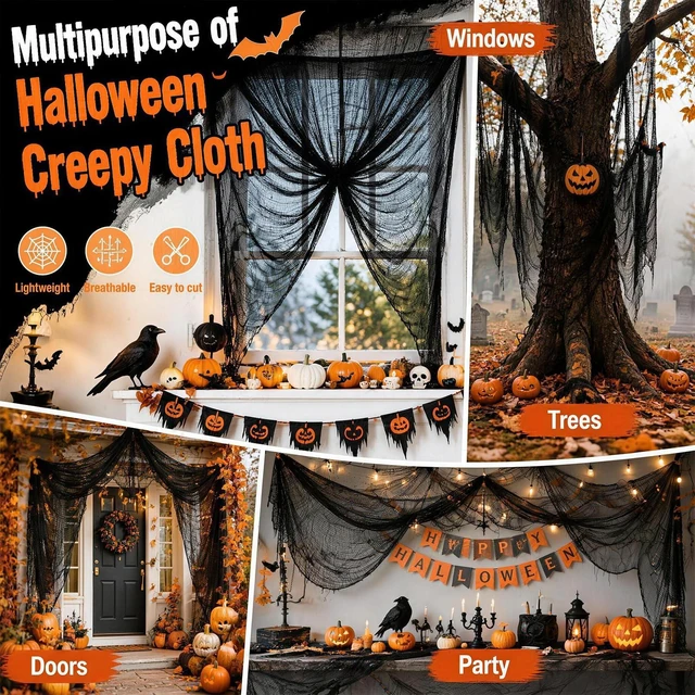 Alt view image 6 of 6 - 5Pcs Black Creepy Cloth 30x72in Halloween Decorations Outdoor Indoor