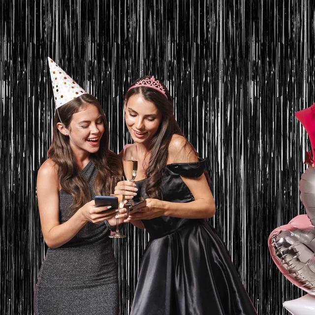 Alt view image 7 of 7 - ZATAYE 2 Pack Black Foil Curtain Backdrop Birthday Party Decorations