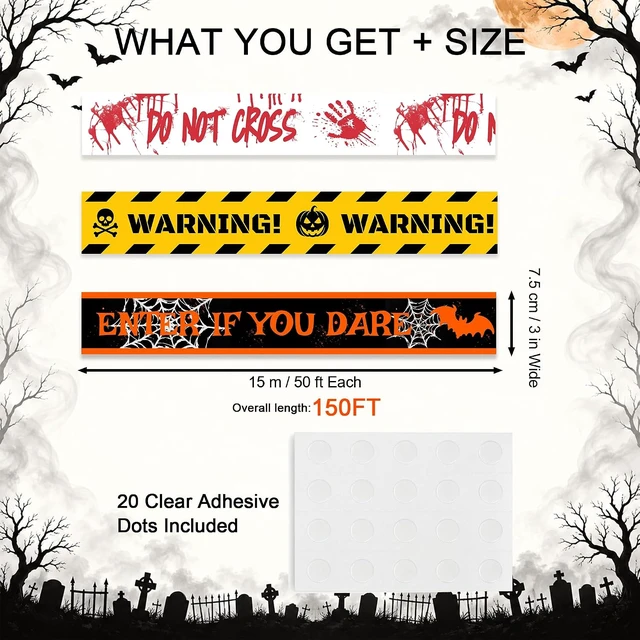 Alt view image 6 of 6 - Halloween Caution Tape 3 Rolls 150ft Total Non-Adhesive Party Decorations