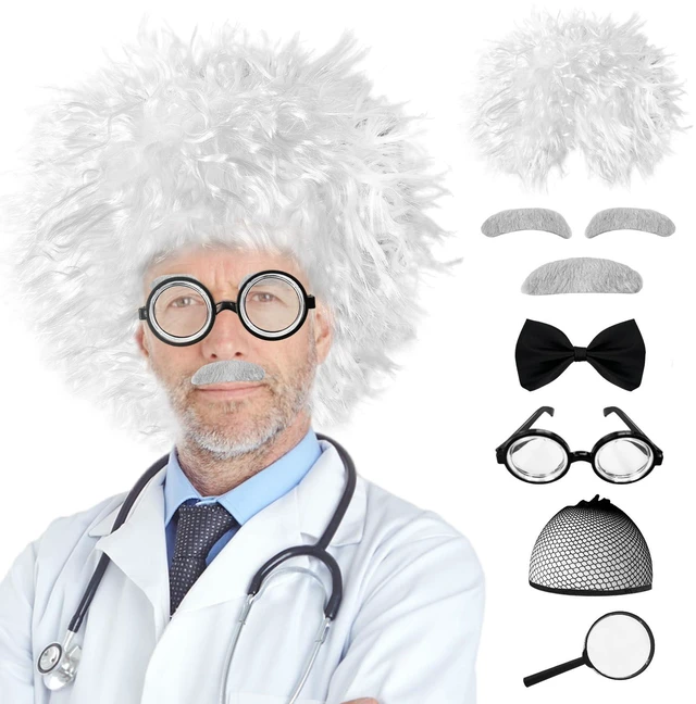 Main image of Jnnzzggu 8PCS Old Man Mad Scientist Wig Set with Lab Glasses and Mustache Physicist Costume