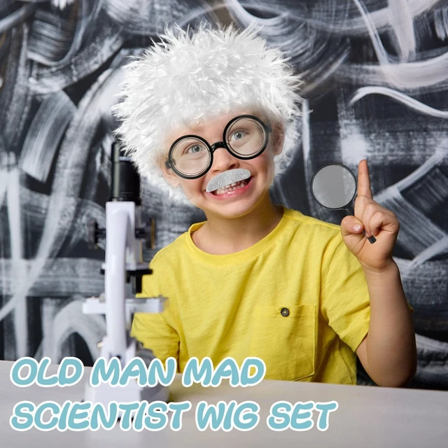 Alt view image 4 of 7 - Jnnzzggu 8PCS Old Man Mad Scientist Wig Set with Lab Glasses and Mustache Physicist Costume