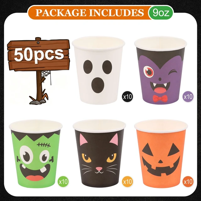Alt view image 3 of 6 - 50-Pack Halloween Disposable Paper Cups 9oz, Pumpkin Ghost Devil Face Drinking Cups for Party DIY Holiday