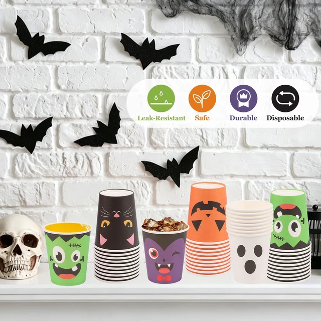 Alt view image 2 of 6 - 50-Pack Halloween Disposable Paper Cups 9oz, Pumpkin Ghost Devil Face Drinking Cups for Party DIY Holiday