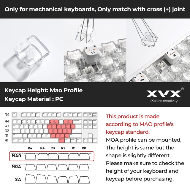 Alt view image 6 of 6 - XVX Sweet Heart Blank Transparent PC Keycaps, Mao Profile, Backlit Clear Candy Keyboard Keycap Set for MX Switches (21pcs)