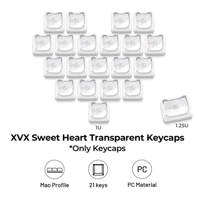 Alt view image 5 of 6 - XVX Sweet Heart Blank Transparent PC Keycaps, Mao Profile, Backlit Clear Candy Keyboard Keycap Set for MX Switches (21pcs)