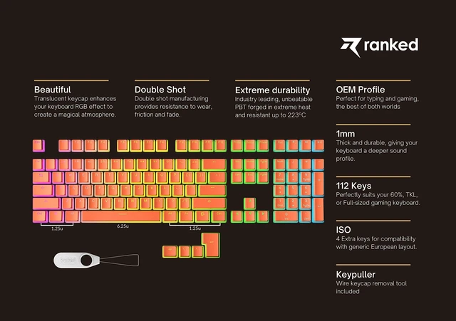 Alt view image 5 of 6 - Ranked Pudding 112-Key Double Shot Translucent PBT Keycaps, ANSI US & ISO Layout, OEM Profile, for RGB Mechanical Gaming Keyboard (Coral)