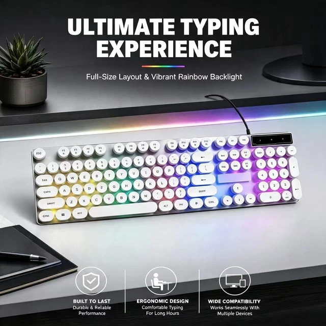 Alt view image 4 of 7 - Wired Keyboard with Vintage Round Keycaps and RGB LED Backlight