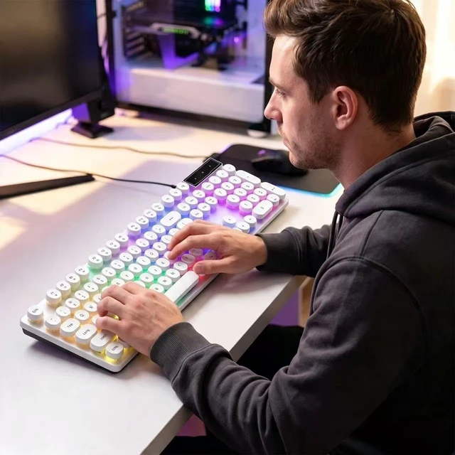 Alt view image 3 of 7 - Wired Keyboard with Vintage Round Keycaps and RGB LED Backlight