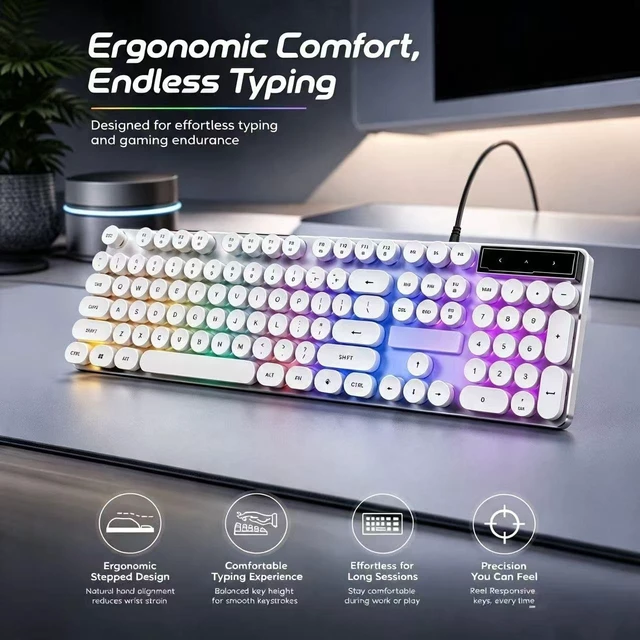 Alt view image 5 of 7 - Wired Keyboard with Vintage Round Keycaps and RGB LED Backlight