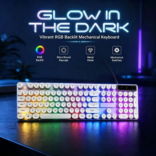 Alt view image 6 of 7 - Wired Keyboard with Vintage Round Keycaps and RGB LED Backlight