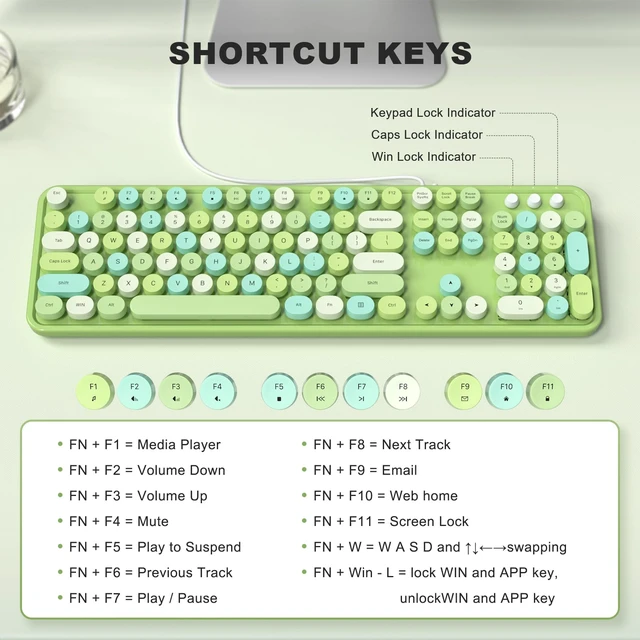 Alt view image 2 of 7 - Colorful Wired USB Full Size Typewriter Keyboard with Foldable Stands for Windows PC Laptop (Green)