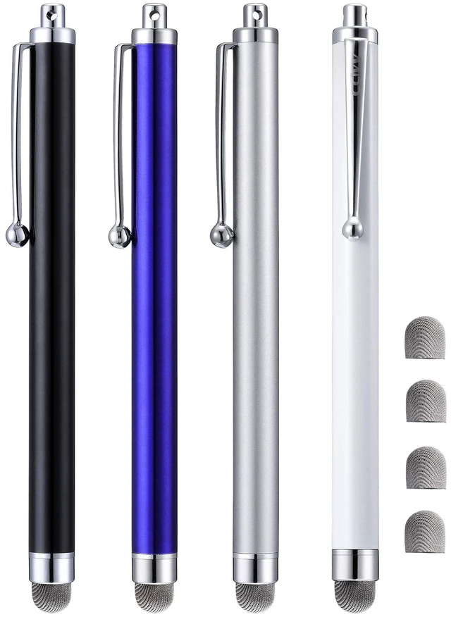 Main image of 4 Pack 5.0 Inch Mesh Fiber Tip Stylus Pens for Touch Screen, Compatible with iPad, iPhone, Kindle Fire, 4 Extra Replaceable Hybrid Fiber Tips, White, Black, Silver, Blue