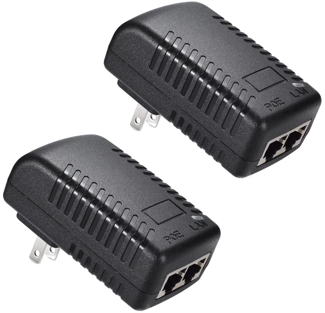 Main image of 48V 24W 0.5A PoE Injector, IEEE 802.3af, 10/100Mbps, US Wall Plug, for IP Phones Cameras PoE Devices, 2-Pack