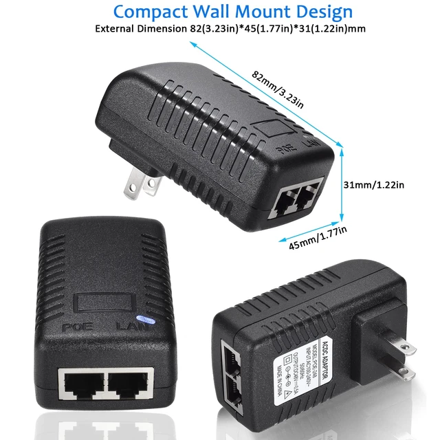 Alt view image 6 of 6 - 48V 24W 0.5A PoE Injector, IEEE 802.3af, 10/100Mbps, US Wall Plug, for IP Phones Cameras PoE Devices, 2-Pack