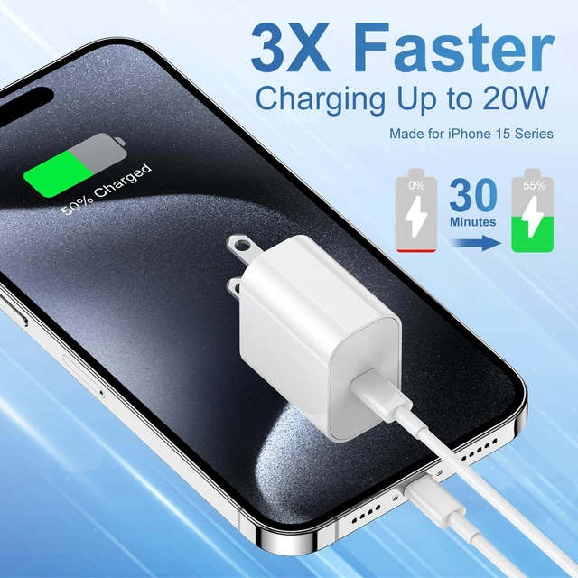 Alt view image 6 of 6 - 20W USB-C Fast Charger with 10ft USB-C to USB-C Cable for iPhone 18/17/16/15 Pro/Pro Max/Plus/Mini, iPad, AirPods