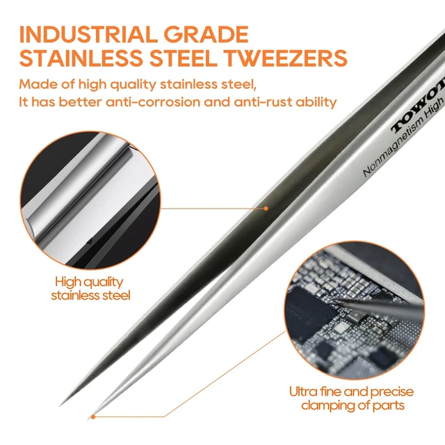 Alt view image 2 of 7 - TOWOT Precision Stainless Steel Pointed Tweezers, Non-Magnetic, Industrial, for Craft, Electronics, Soldering, Experimental Work, Jewelry-Making