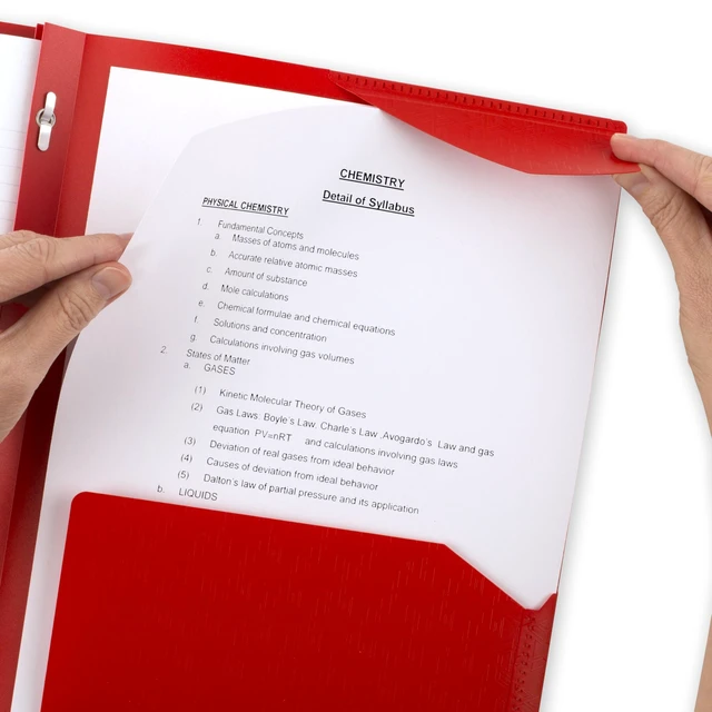 Alt view image 4 of 6 - Five Star 2-Pocket Plastic Folder with Stay-Put Tabs and Prong Fasteners, Holds 8-1/2" x 11" Paper, Fire Red (72109)